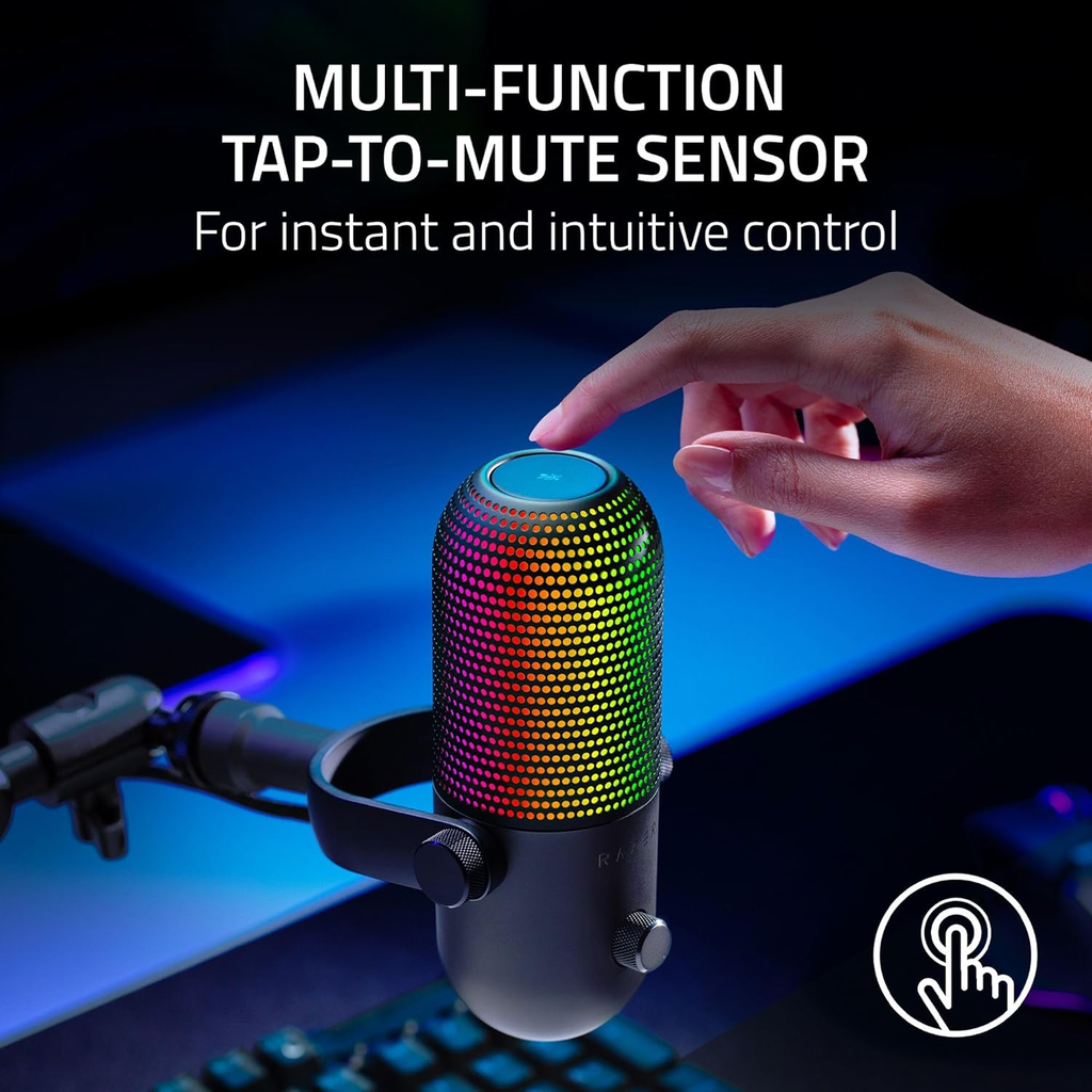 Razer Seiren V3 Chroma RGB Micrófono USB: iluminación reactiva de transmisión y juegos, sensor de toque para silenciar, micrófono condensador, limitador de ganancia digital y amortiguador, PC,