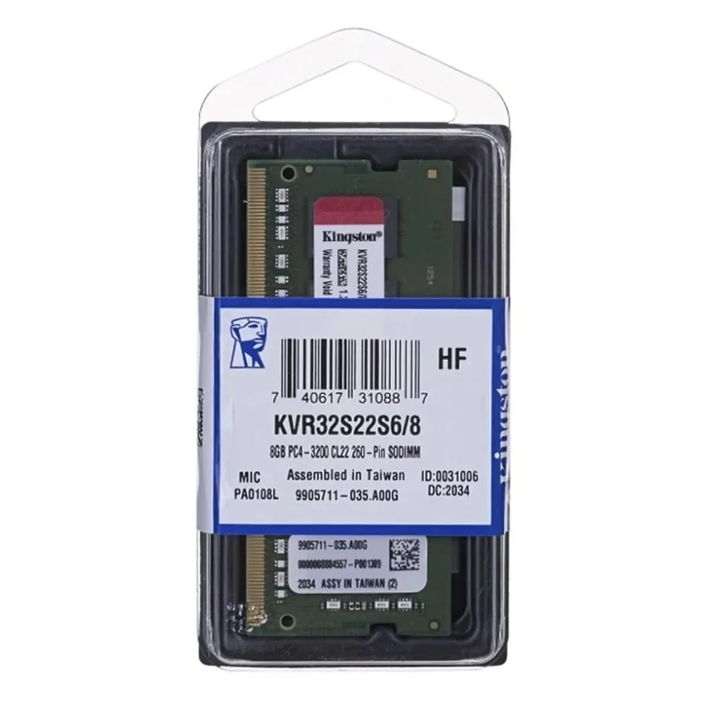 SO-DIMM KINGSTON 8GB 1RX8 1G 64BIT PC4-3200 CL22 260-PIN