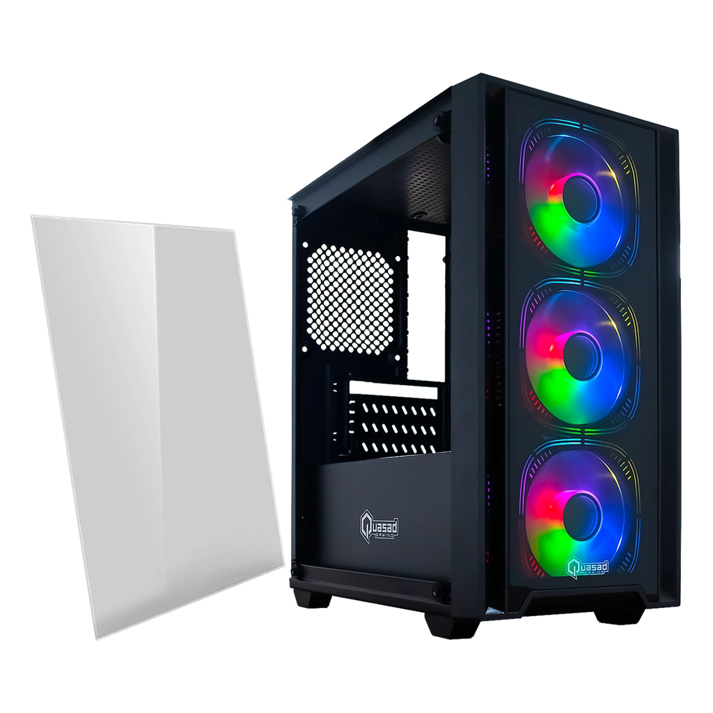 CASE QUASAD MICRO-ATX FULL-SIZE GAMING 0.5MM GLASS SIDE-GLASS 3USB HD-AUD 3VEN-RGB810