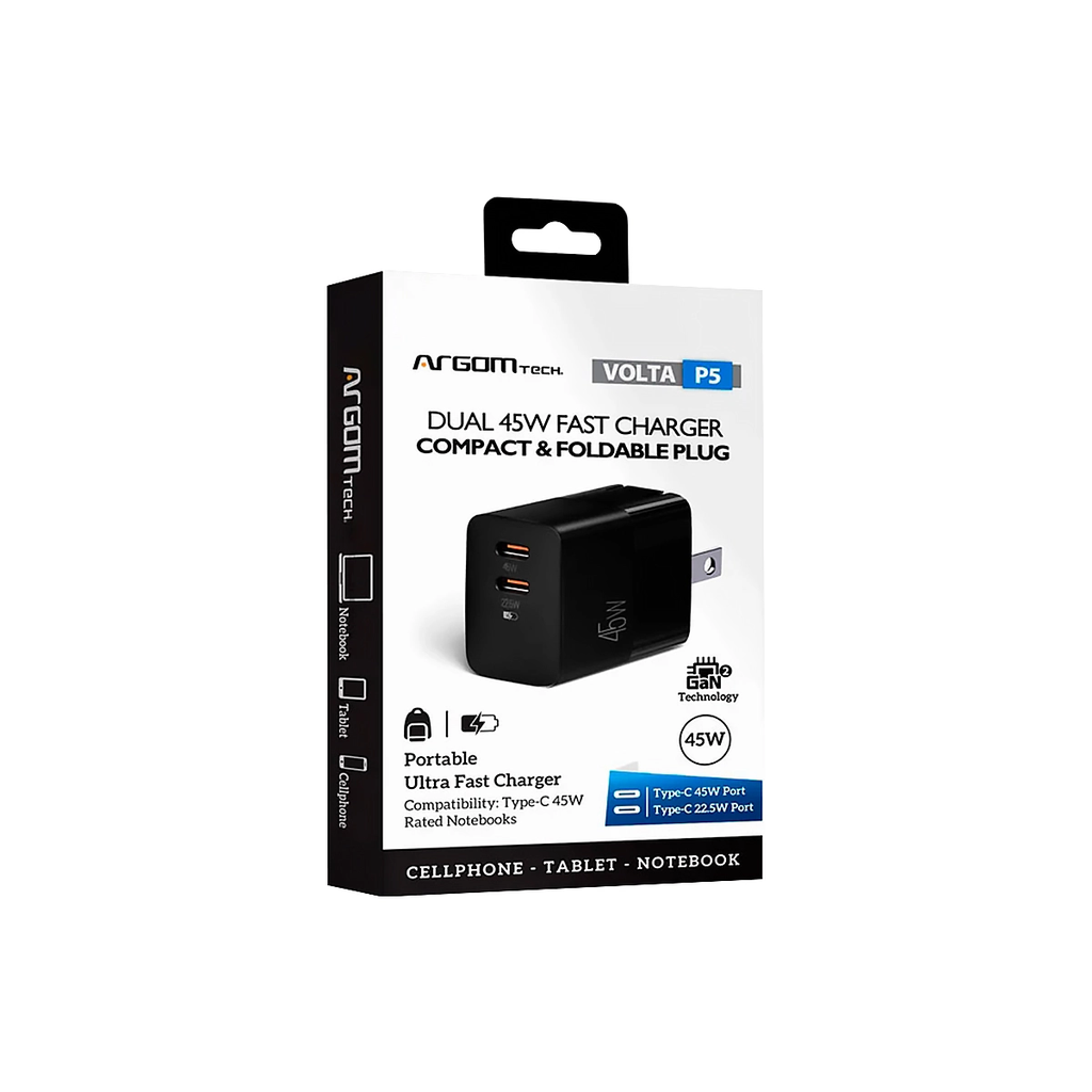 WALL CHARGER DUAL ARGOM VOLTA P5 GaN II 45W CARGA RAPIDA 2 CONT. TYPE-C NEBRO