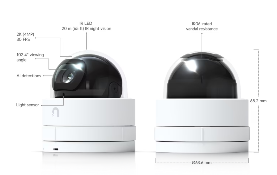 Cámara IP UniFi G5 Domo Ultra, de bajo perfil para interior, 2K (4MPX), ángulo amplio 102.4°, visión nocturna IR hasta 20 mts, detección de eventos, para pared o techo